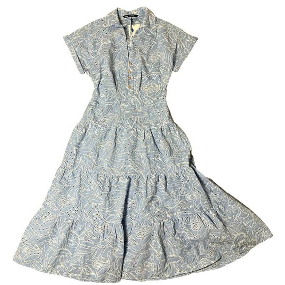 ZARA‎ Dress WMNS M Blue Embroidered Eyelet Midi  Shirt Cutwork V-Neck 7946/528 - Picture 2 of 16